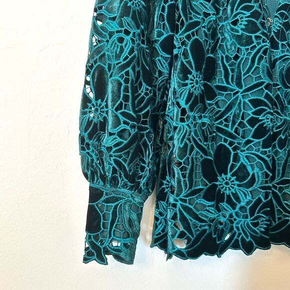 NWT Boston Proper Velvet Floral Lace Hip Length Duster Emerald Jacket Small - Picture 2 of 5